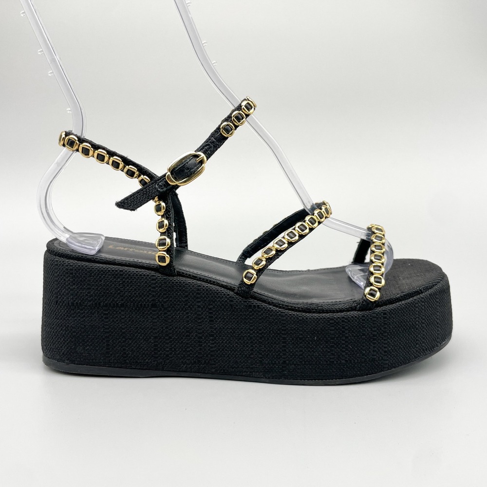 Larroude Womens 8.5 Gio Milanina Flatform Sandals Black Gold Chain Strappy Y2K